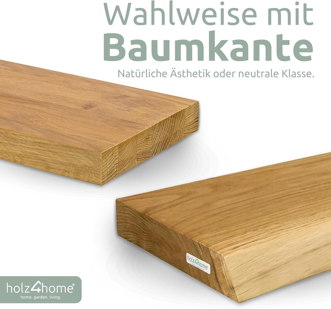 holz4home® Wandregal mit Baumkante 120 cm Länge, Natur Geölt I Schweberegal Massivholz mit unsichtba