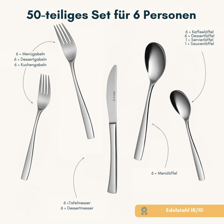 Sola Lotus Besteck Set - 6 Personen Essbesteck - 50 Teilig, 18/10 Rostfreiem Stahl - Robustes & Eleg
