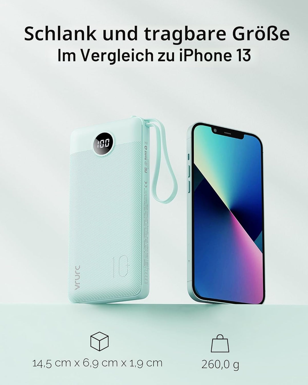 VRURC Powerbank mit Kabel 10000mAh Power Bank Tragbares Ladegerät USB C Externer Handy Akkus LED Dis