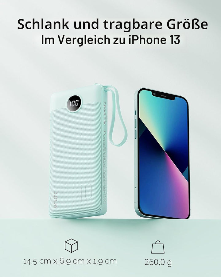 VRURC Powerbank mit Kabel 10000mAh Power Bank Tragbares Ladegerät USB C Externer Handy Akkus LED Dis