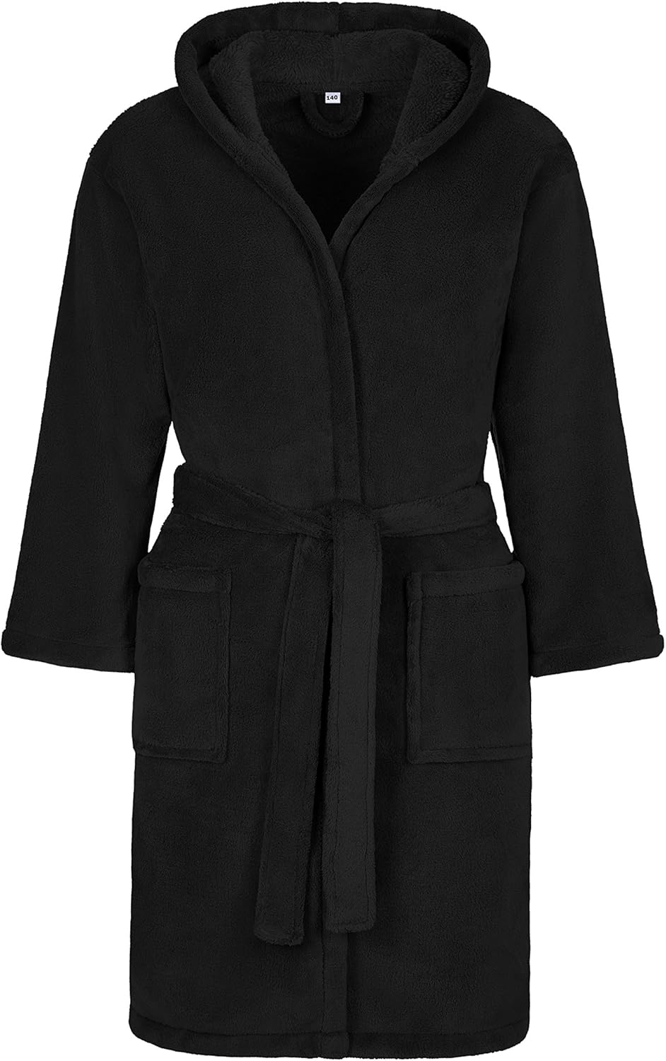 Kinderbademantel Kuschel Soft Fleece mit Kaputze & Taschen Jungen, Mädchen (140, schwarz) Microfaser