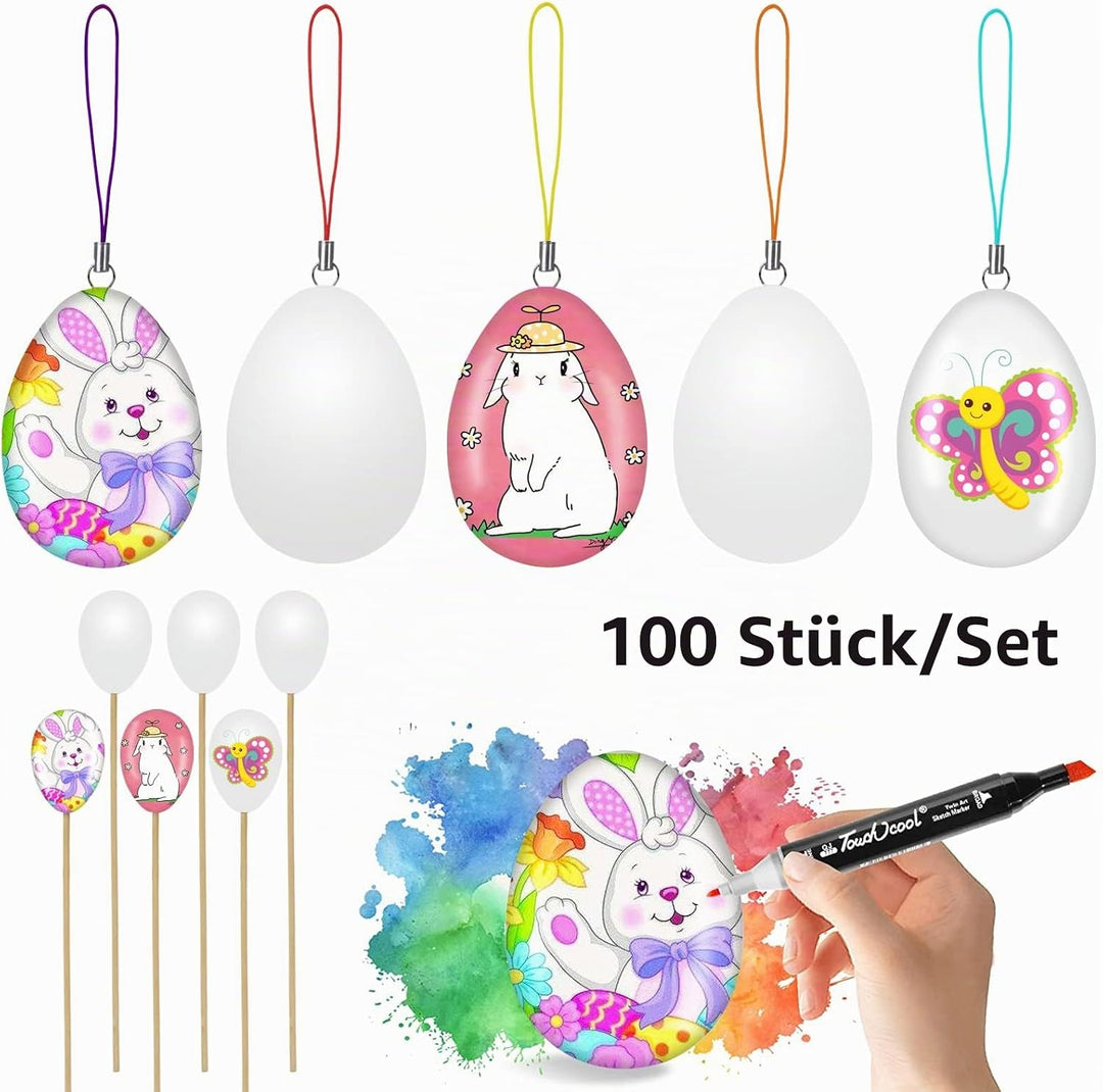 Willingood 100 Deko-Eier Ostern [6 cm, Kunststoff] + 100 Aufhänger für Ostereier + 10 Schaschlik-Spi