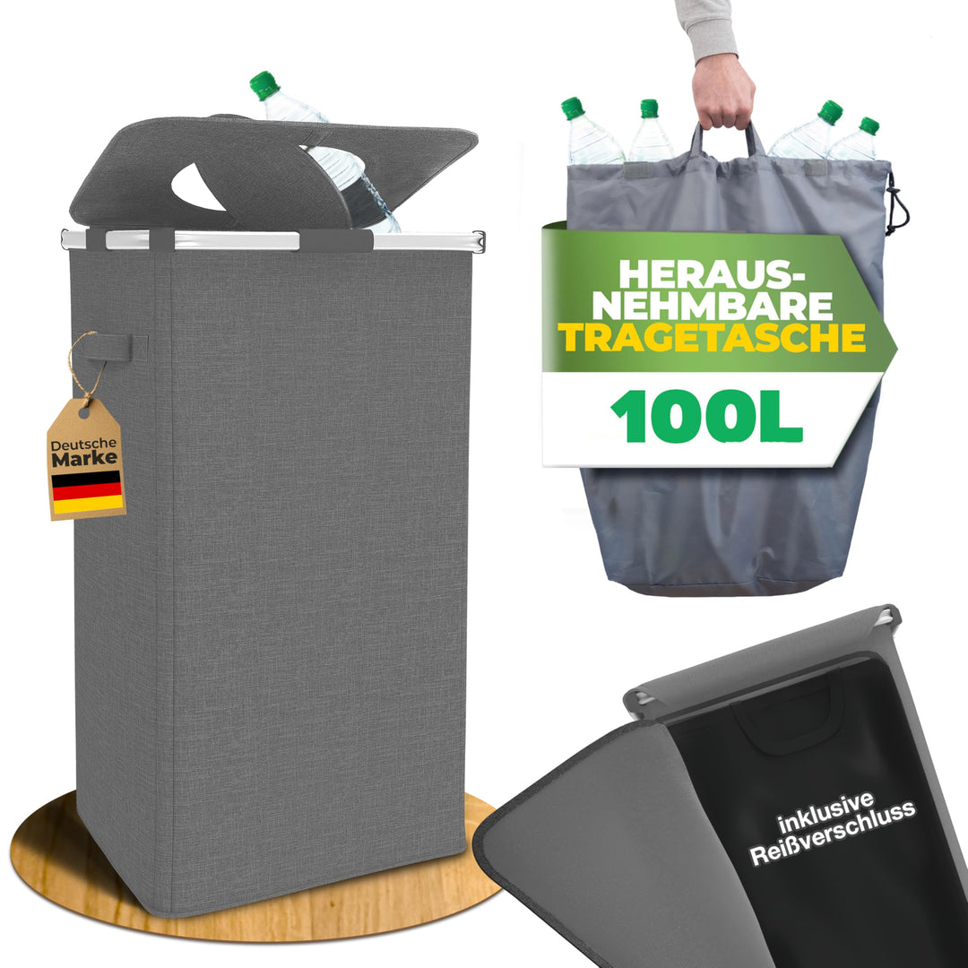 Pfandflaschen Sammelbehälter mit Tragetasche, Reissverschluss, Metallrahmen und Drehdeckel am Pfandf