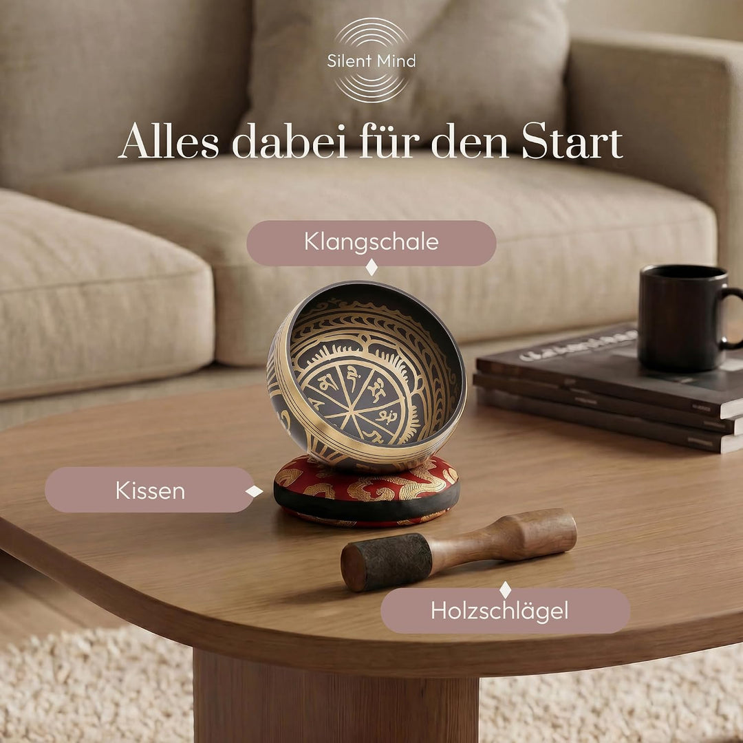 Silent Mind tibetische Klangschale Set ~ Antik Design ~ mit hochwertigem Holz Klöppel und Himalaya K