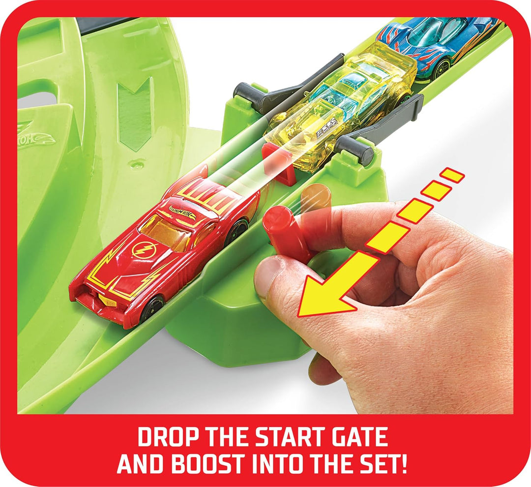 Hot Wheels GFH87 - Super Mega Crash Grosse Rennbahn mit 8er Looping Kurve XXL 1,5 m breites Spielset