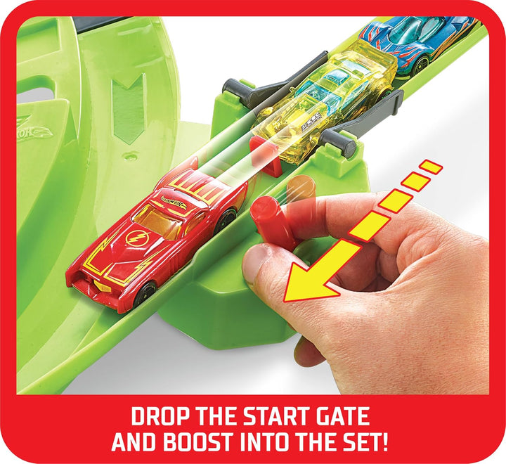 Hot Wheels GFH87 - Super Mega Crash Grosse Rennbahn mit 8er Looping Kurve XXL 1,5 m breites Spielset