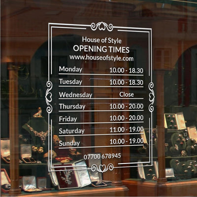 Öffnungszeiten Aufkleber, Schaufenster, personalisierbar, Design 3, Design 3