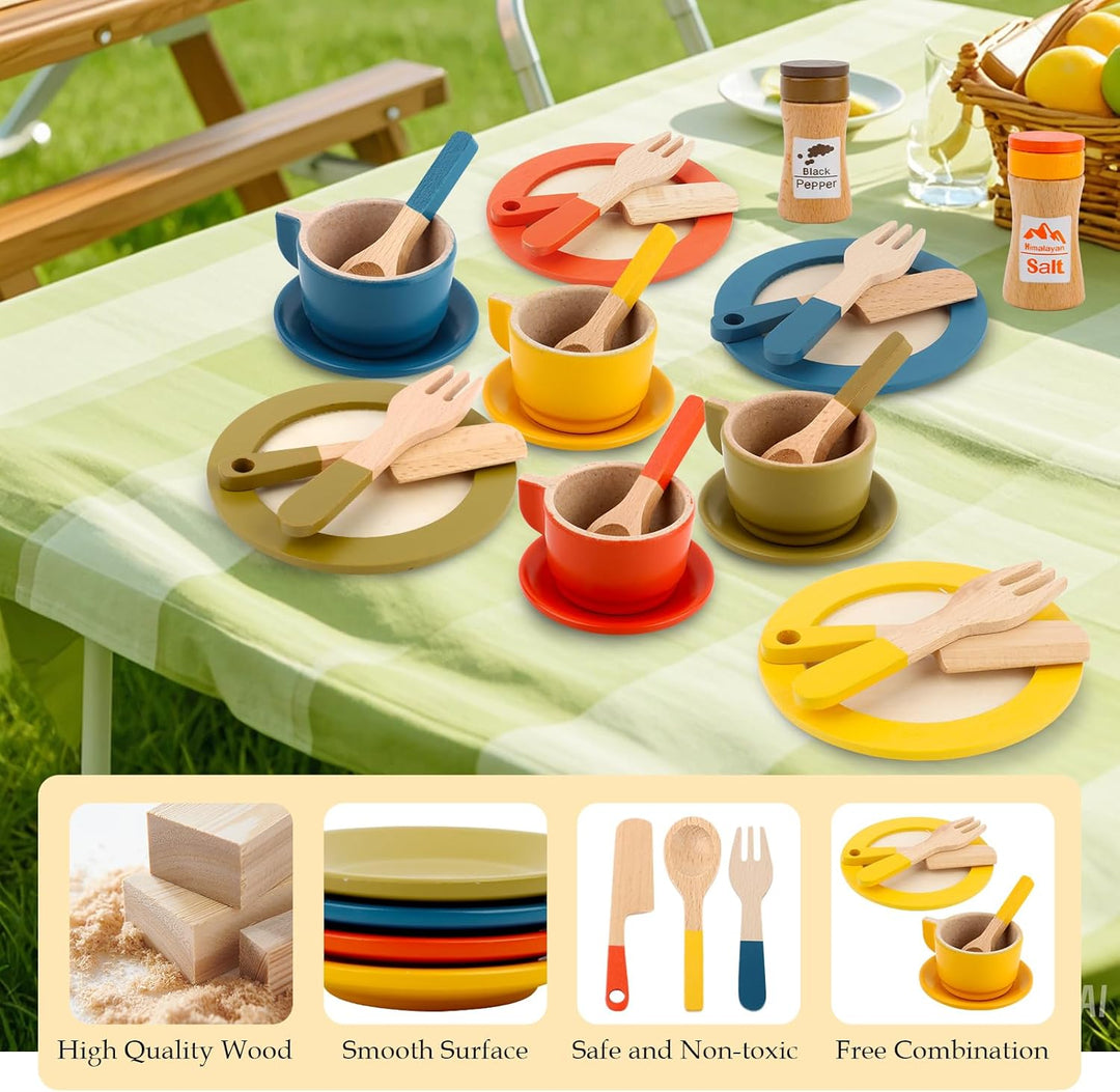 26PCS Holzgeschirr Sett, Kinderküche Zubehör, Spielküche Geschirr für Kinder, Küche Zubehör Kinder,