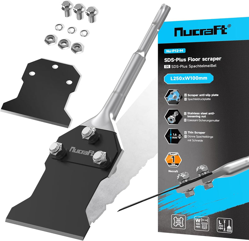Nucraft Spachtelmeissel SET SDS-Plus 250x100 mm,Meissel inklusive Ersatzklinge und Schrauben,Bodensc
