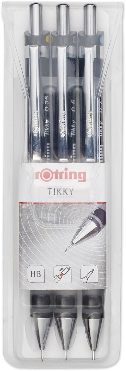 rOtring Tikky 3er Set mit Colourcode 0,35/0,5/0,7 mm (inkl. 3 Dosen Ersatzminen HB + Radierer B20)