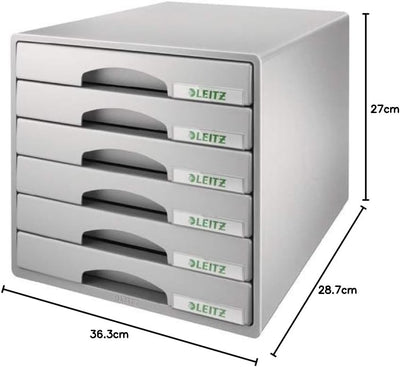 Leitz Schubladenbox mit 6 Schubladen, Für die Aufbewahrung von A4 Dokumenten und Utensilien, Grau, P