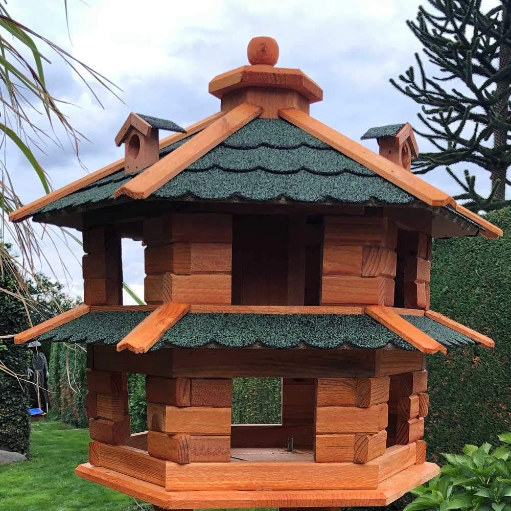Vogelvilla wetterfest von L bis XL Futterhaus Vogelhaus mit oder ohne Ständer in Braun mit Rot, Grün