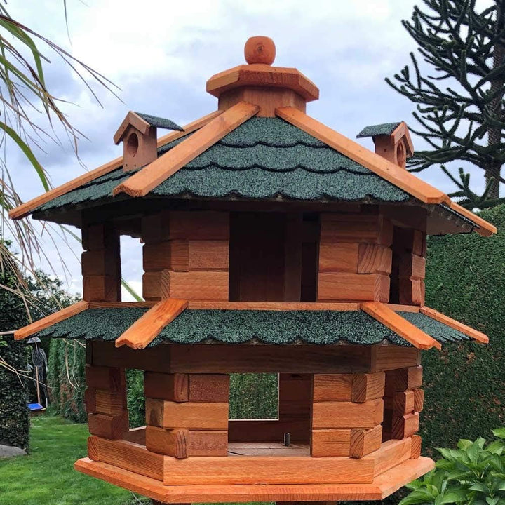 Vogelvilla wetterfest von L bis XL Futterhaus Vogelhaus mit oder ohne Ständer in Braun mit Rot, Grün