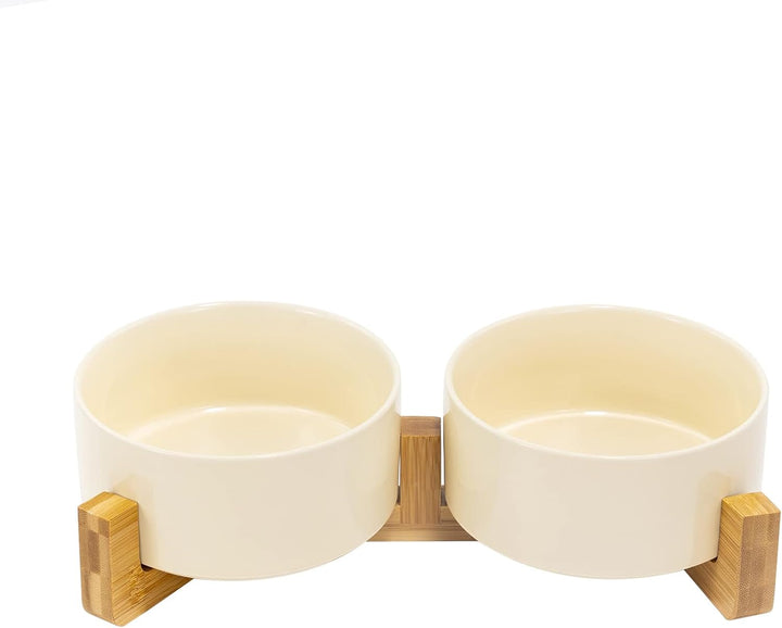 SPUNKYJUNKY Keramik Doppel Futternapf mit Bambus Ständer für Katzen und Hunde (850ml, Beige) Beige D