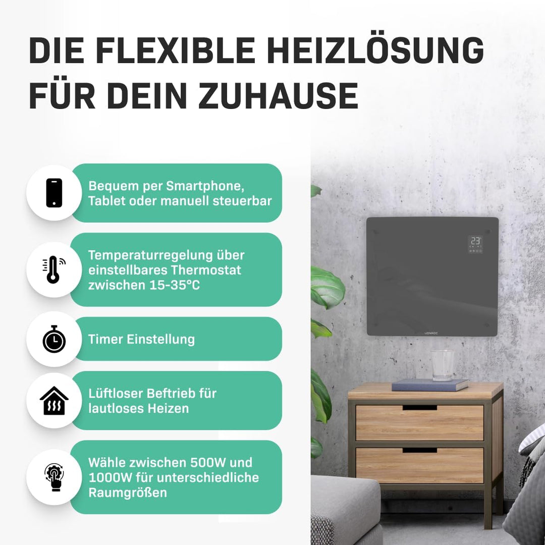 VONROC Elektroheizung, Konvektor-Heizung - Energiesparende elektrische Heizung bis 12m2 - Wand-/Bode
