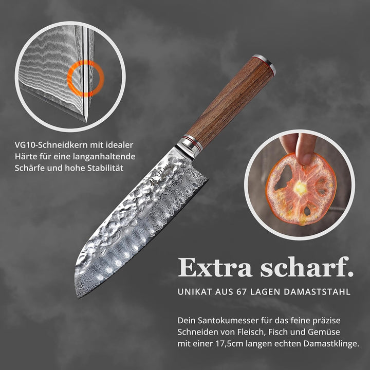Wakoli Nussbaum Exklusives Premium Damast Santoku Messer 17,50 cm extrem scharfe Klinge I Profi Koch