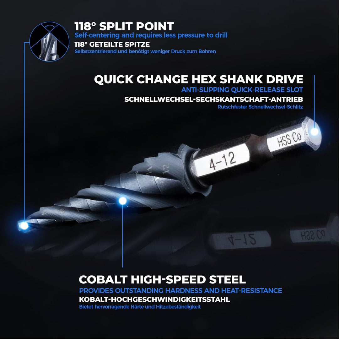 toolant® Kobalt HSS Stufenbohrer [6,35mm Schaft] - Ø 4-12mm Vier Spiralnuten Stufenbohrer,für Metall