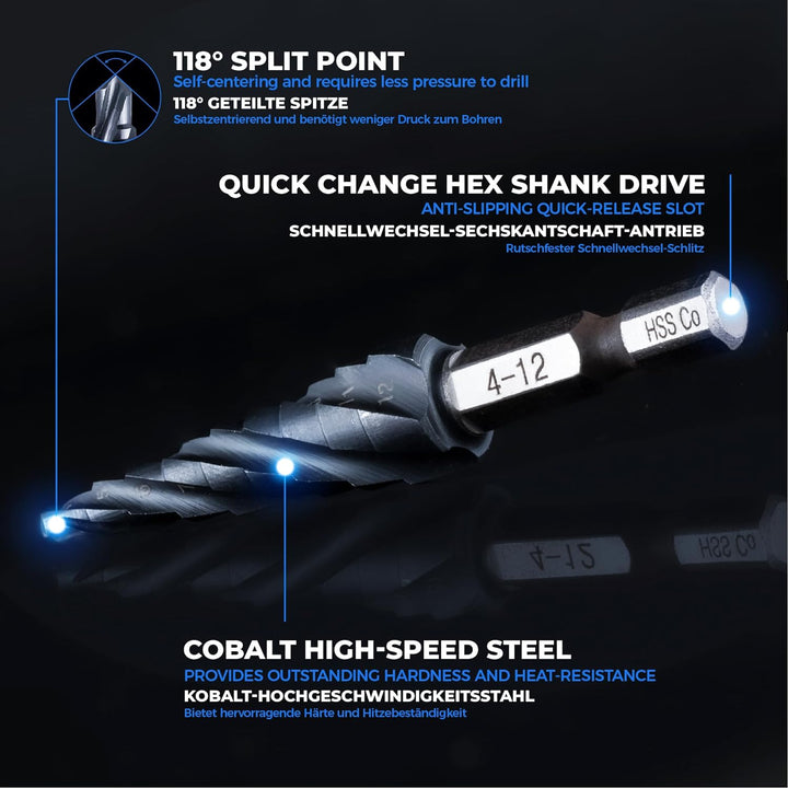 toolant® Kobalt HSS Stufenbohrer [6,35mm Schaft] - Ø 4-12mm Vier Spiralnuten Stufenbohrer,für Metall