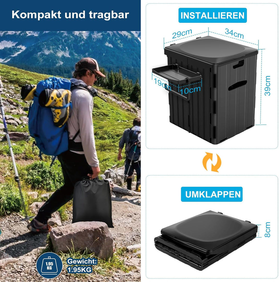 WADEO Tragbare Campingtoilette mit Deckel, 39 cm hohe Mobile Toilette mit 12 Stück Toilettenbeutel,