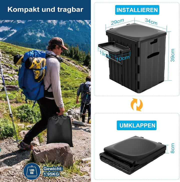 WADEO Tragbare Campingtoilette mit Deckel, 39 cm hohe Mobile Toilette mit 12 Stück Toilettenbeutel,