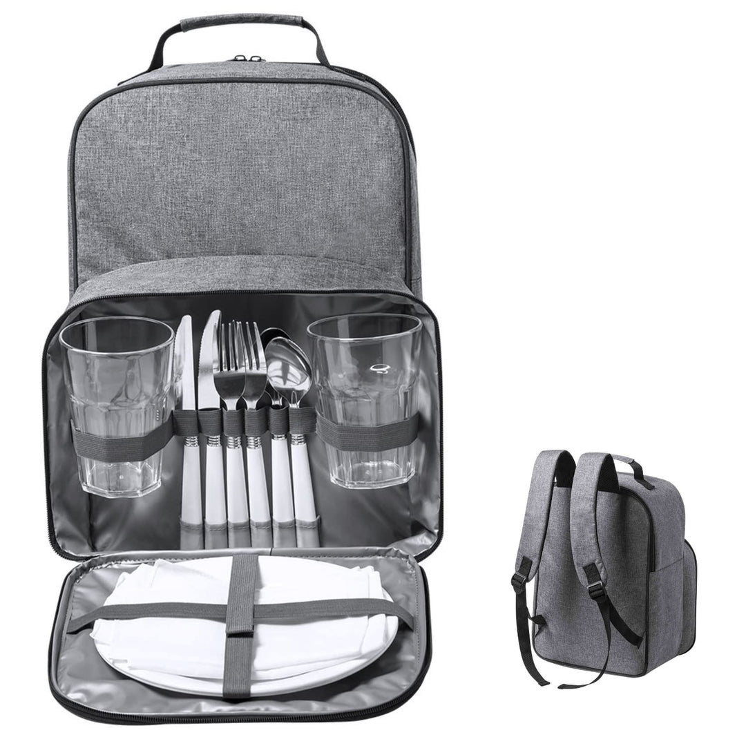 Isolierter Picknick-Rucksack aus Recycling PET für 2 Personen Tasche mit Kühlfach, Edelstahl-Besteck