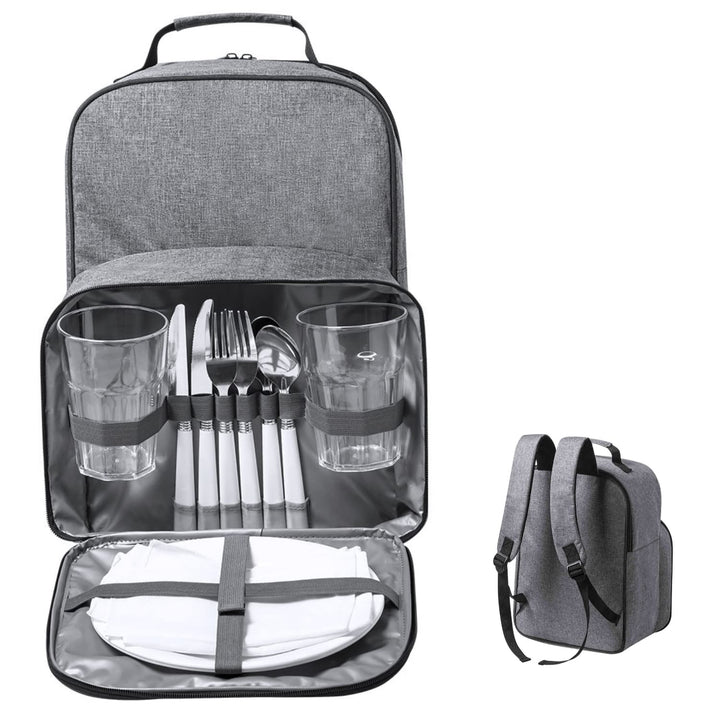 Isolierter Picknick-Rucksack aus Recycling PET für 2 Personen Tasche mit Kühlfach, Edelstahl-Besteck