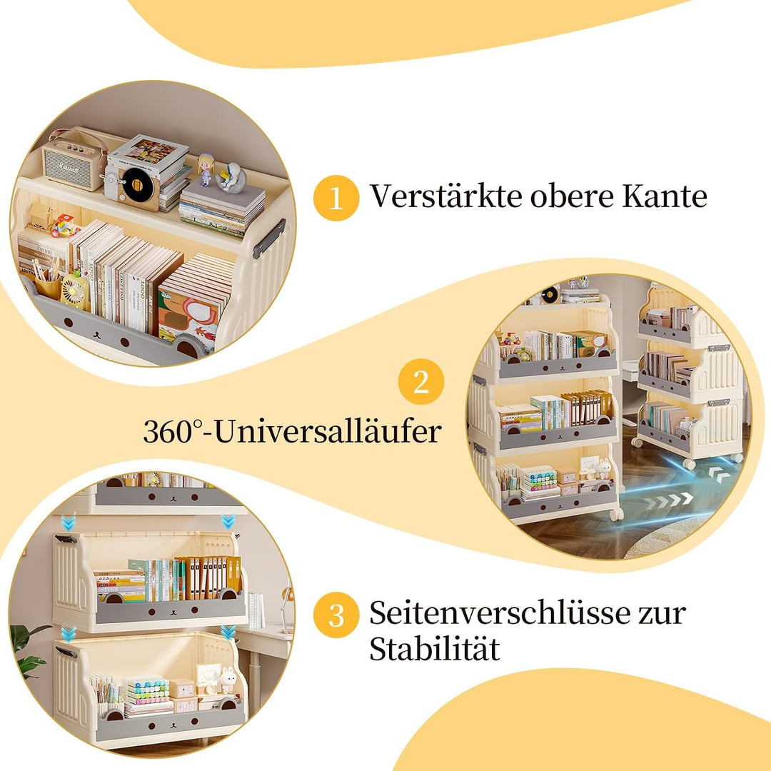 Mobiles Bücherregal Kinder mit Rollen 4 Ebenen Faltbar | Kinderregal Bücherwagen Spielzeug Regal Kin