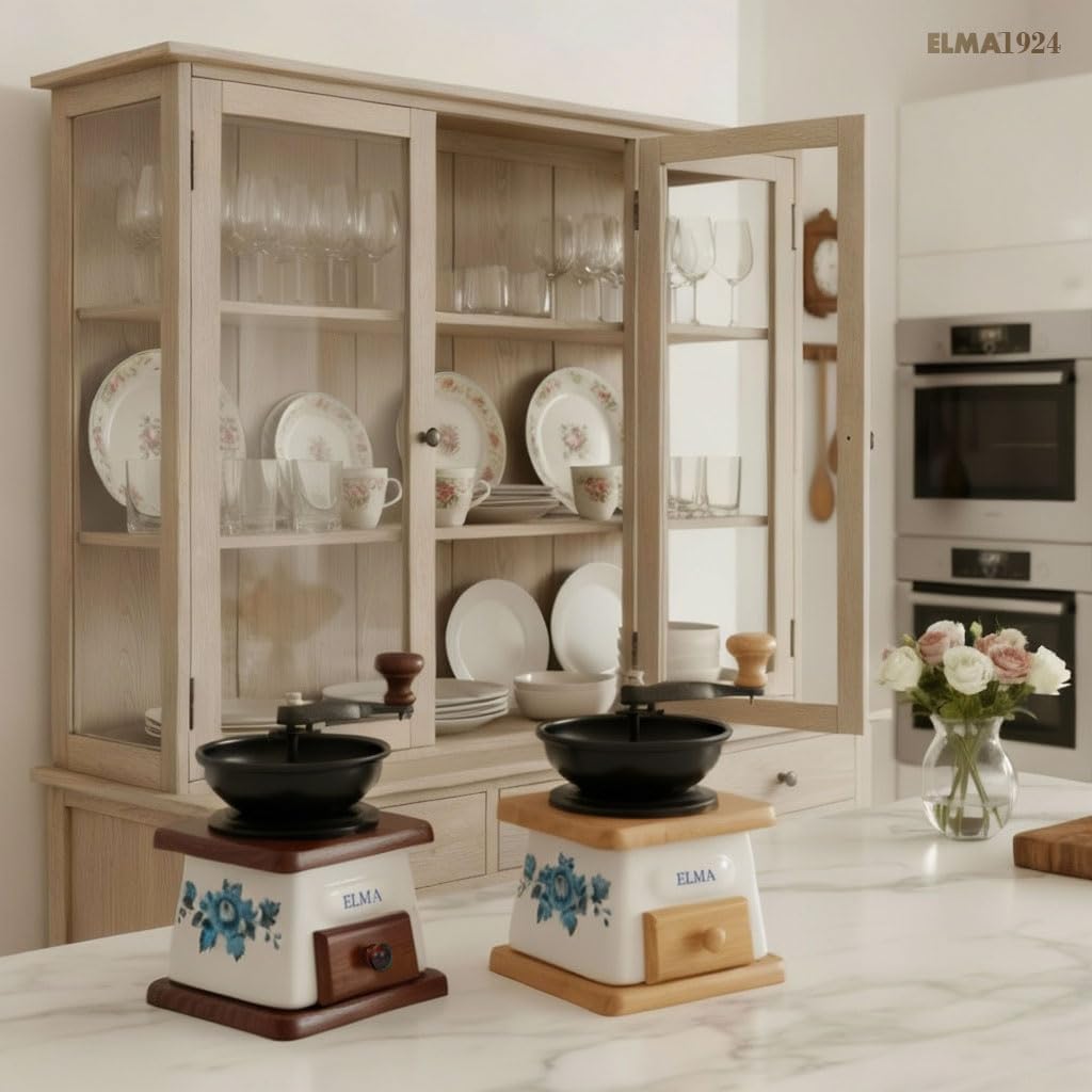 ELMA Manuelle Kaffeemühle aus Keramik für dekorative Zwecke, Retro-Vintage-Stil, braun auf Holz, Han