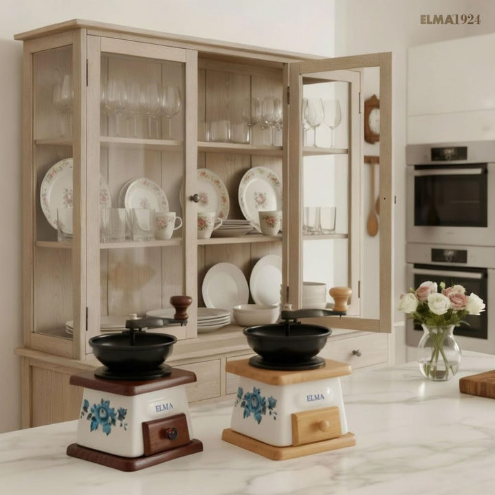 ELMA Manuelle Kaffeemühle aus Keramik für dekorative Zwecke, Retro-Vintage-Stil, braun auf Holz, Han