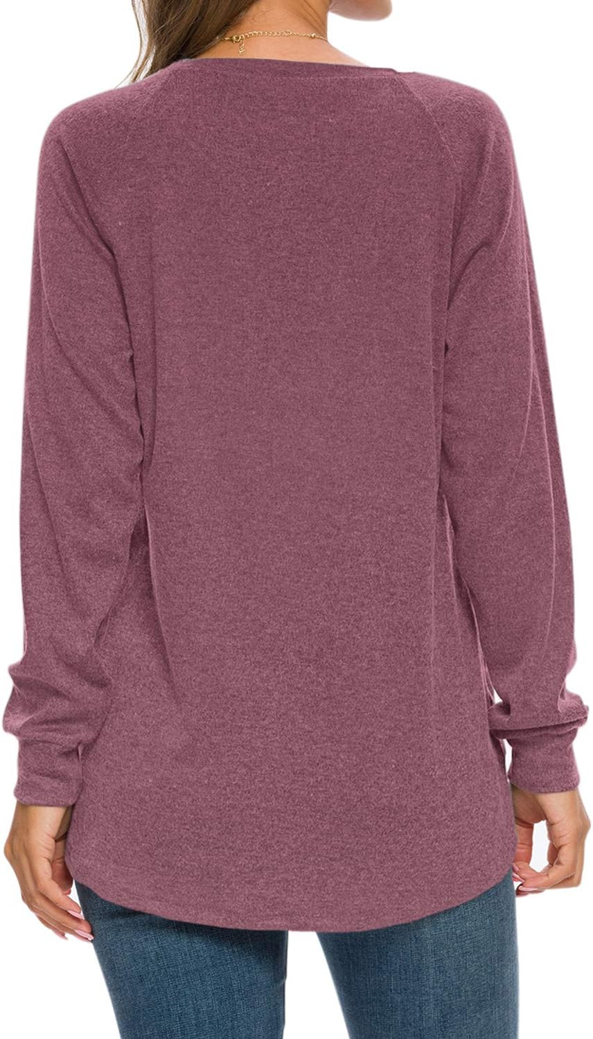 AUSELILY Damen Langarmshirts Rundhals T Shirts Blusen Tunika Sweatshirt Pullover Mit Taschen Weinrot