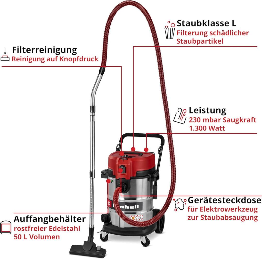 Einhell Nass-Trockensauger TE-VC 5090 SACL (1300 W, 230 mbar Saugleistung, 50 L Behälter, Staubschut