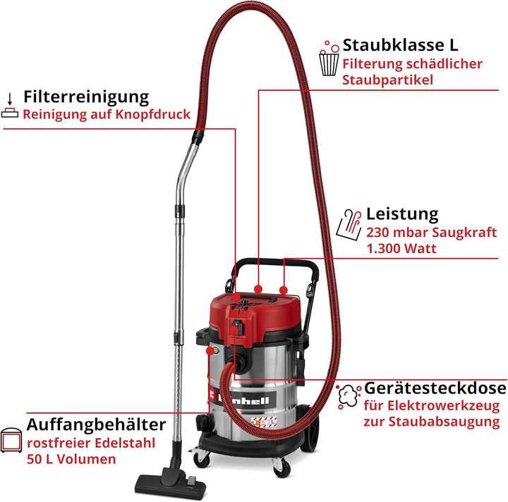 Einhell Nass-Trockensauger TE-VC 5090 SACL (1300 W, 230 mbar Saugleistung, 50 L Behälter, Staubschut
