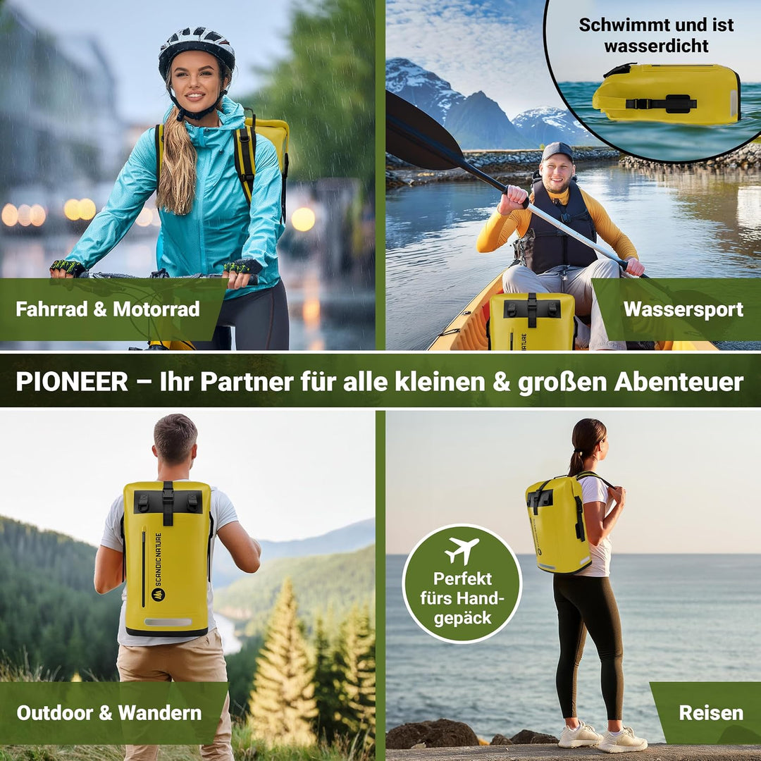 PIONEER wasserdichter Rucksack mit Rolltop Verschluss 35L 55L schwarz gelb oliv-grün - extra robust