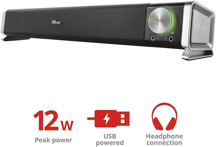 Trust Asto Soundbar 12 W Spitzenleistung (6 W RMS), PC Lautsprecher, USB Betrieb, 3,5 mm AUX Anschlu