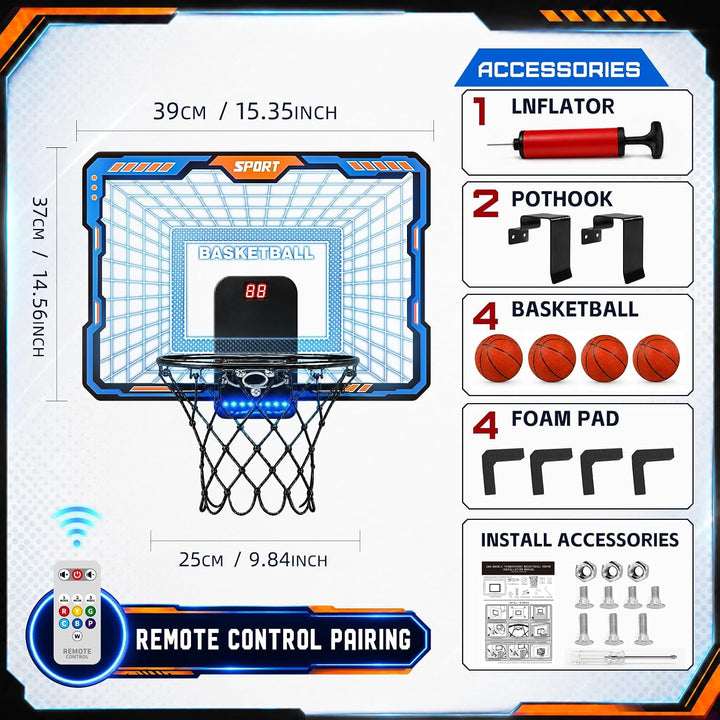 YESHIN Indoor Basketballkorb Kinder mit 7 Farb-LED Licht & Fernbedienung, Mini Basketball Set für Tü