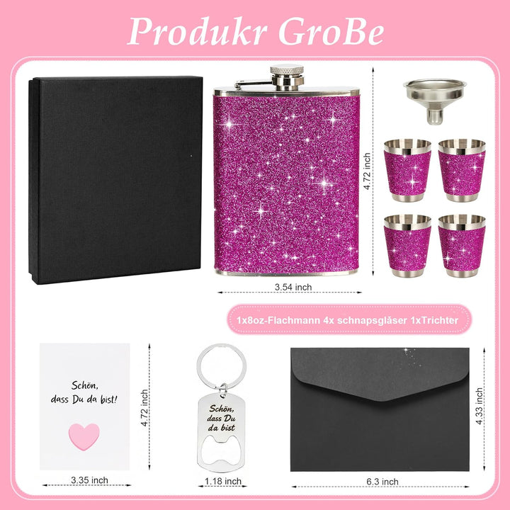 Flachmann Edelstahl mit Leder 240ml und 4 Shot Becher Set – Rosa, ideal für Reisen, JGA, Party und G