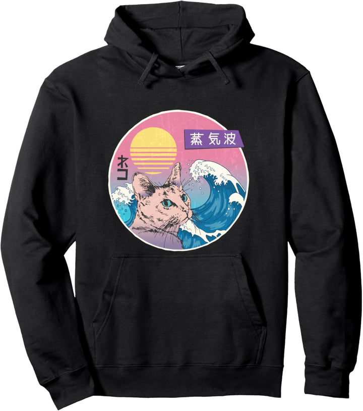 Japanese Vaporwave anime cat ocean wave Pullover Hoodie