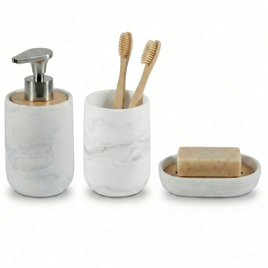 Badezimmer Set 3-teilig - Seifenspender mit Pumpe aus Zinklegierung, Zahnputzbecher und Seifenschale
