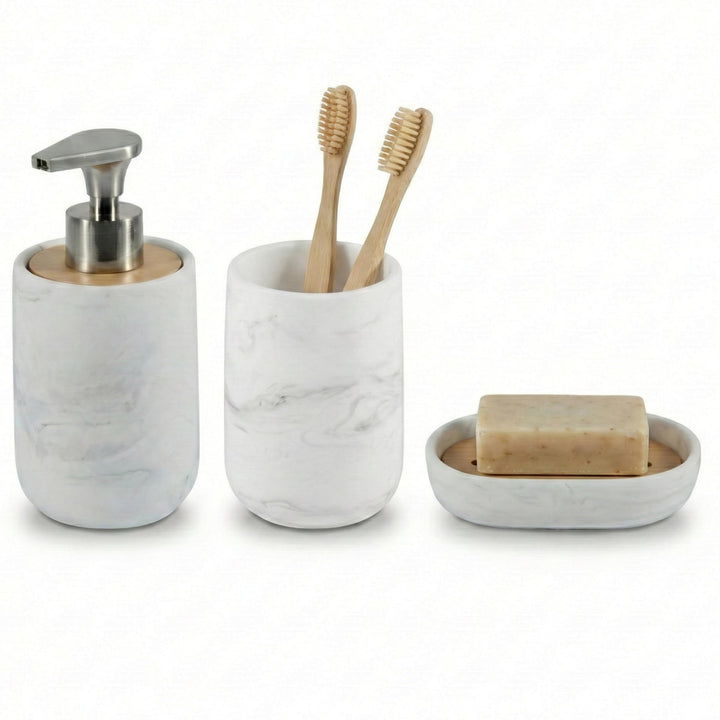 Badezimmer Set 3-teilig - Seifenspender mit Pumpe aus Zinklegierung, Zahnputzbecher und Seifenschale