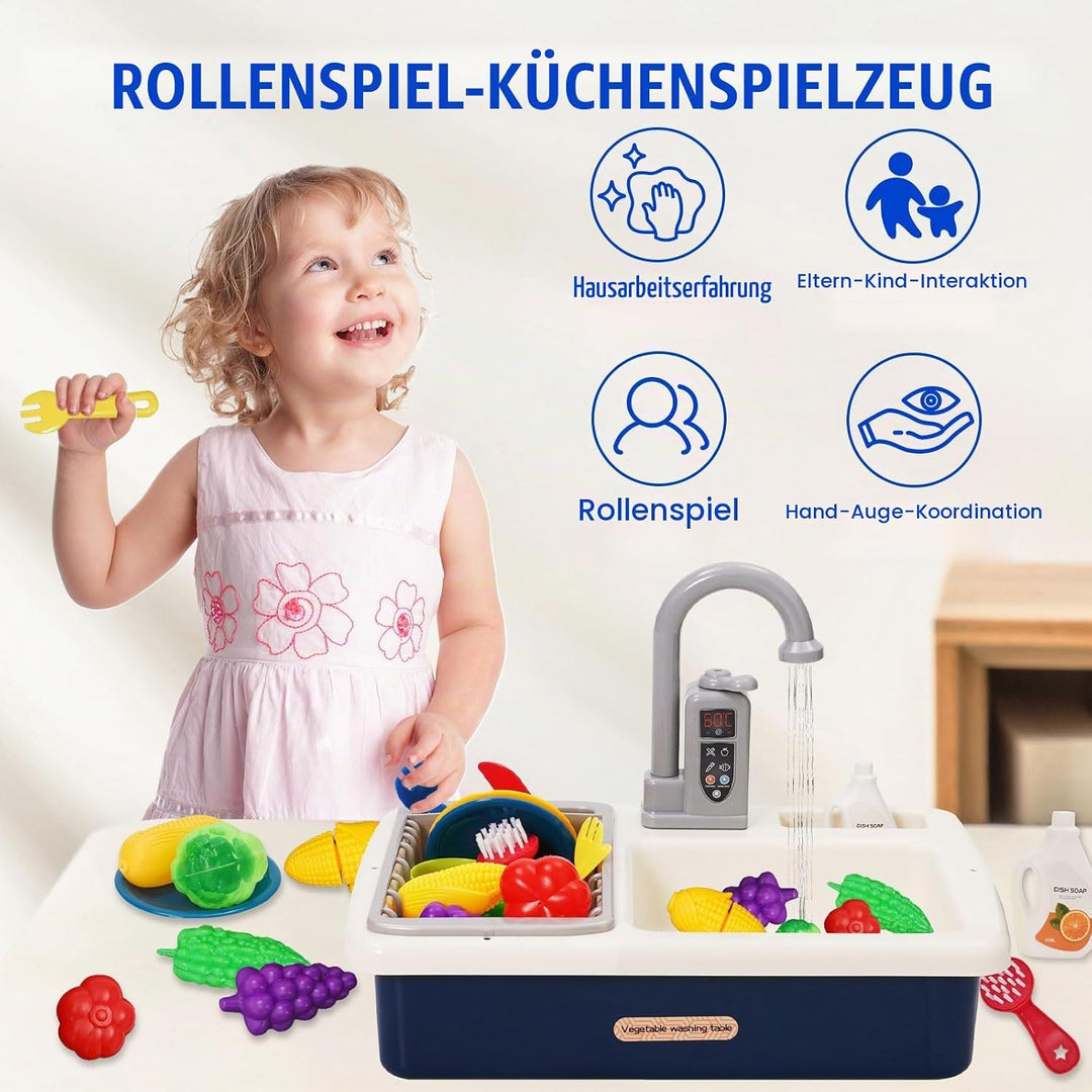 Küchenspüle Spielzeug Set mit Wasserkreislauf, Waschbecken Kinder mit Fliessendem Wasser, Spielküche