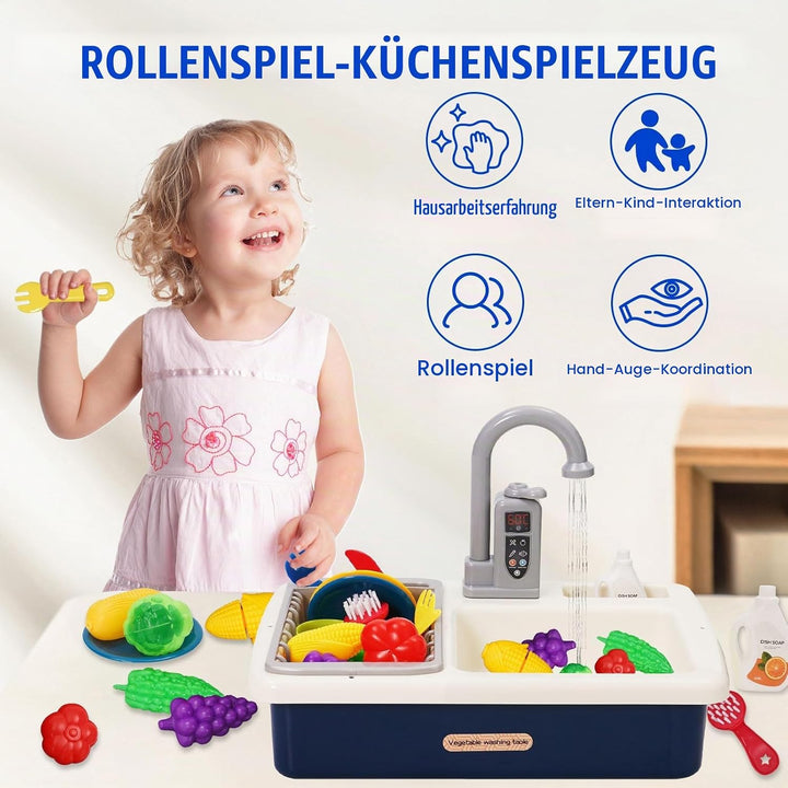 Küchenspüle Spielzeug Set mit Wasserkreislauf, Waschbecken Kinder mit Fliessendem Wasser, Spielküche