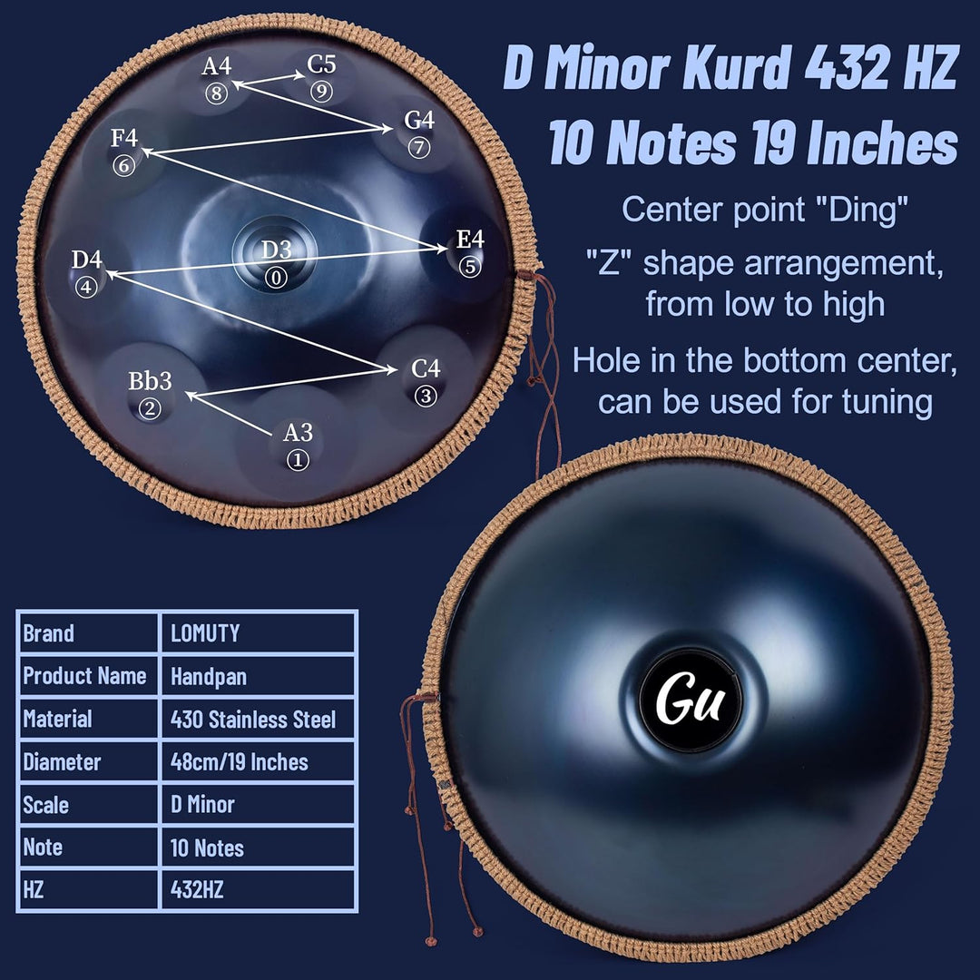 Handpan 432 HZ für Anfänger, Stahltrommel 10 Töne 19 Zoll, Hand Pan in D-Moll, Hand Drum mit Drumtas