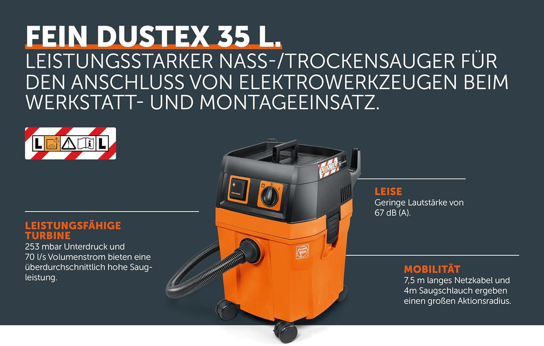 FEIN Nass- / Trockensauger DUSTEX 35L (Industriestaubsauger 1380W, Behälter 32l, extra Steckdose) 92