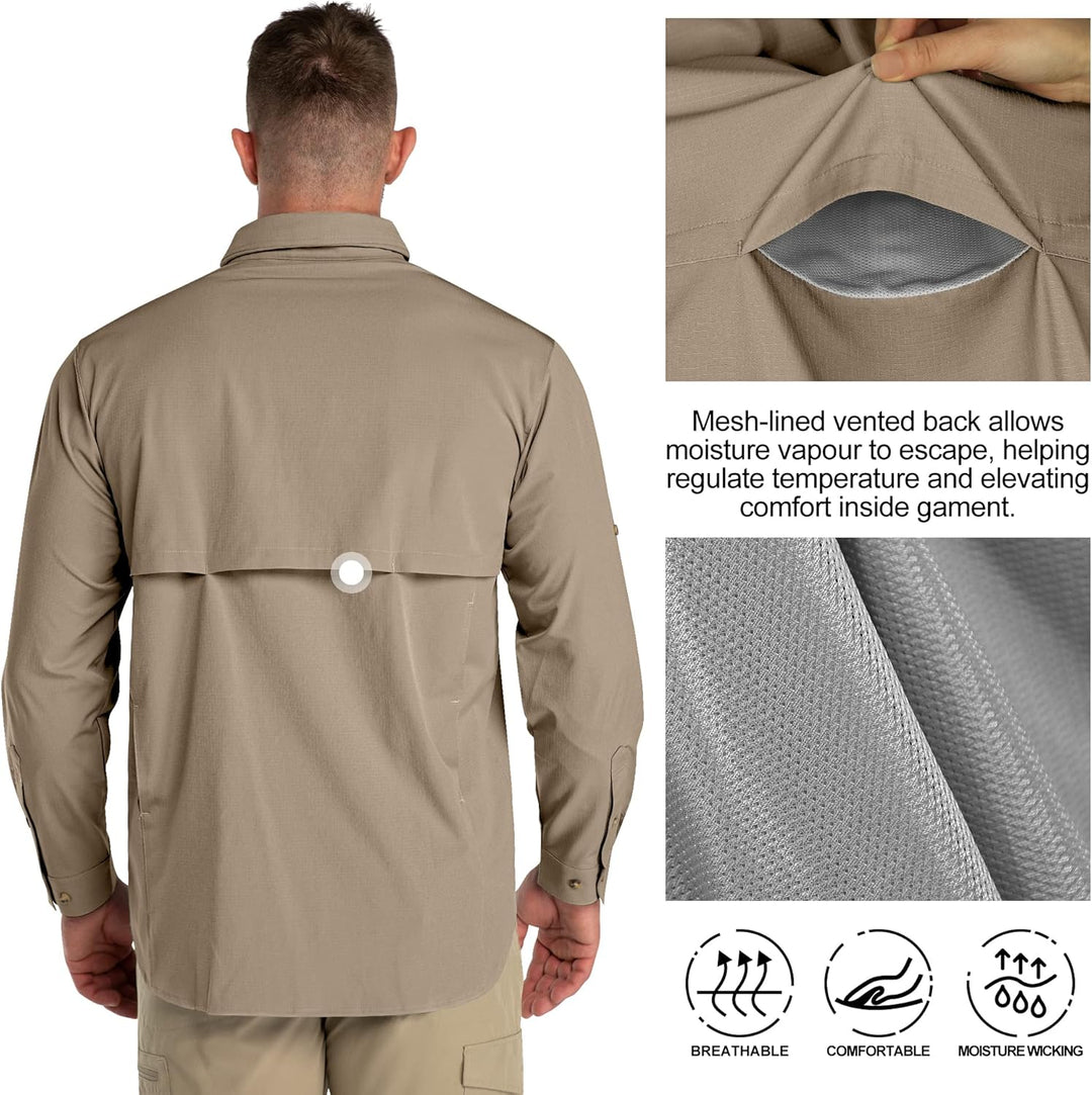 33,000ft Safari Hemd Herren Langarm Sportshemd UPF50+ UV Schutz Funktionshemd Atmungsaktiv Button-Do
