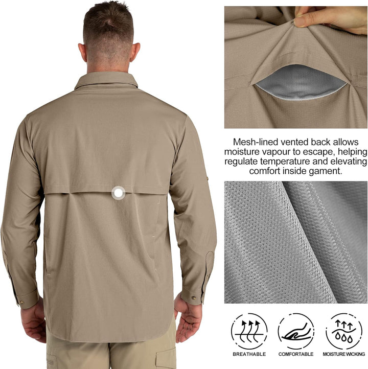 33,000ft Safari Hemd Herren Langarm Sportshemd UPF50+ UV Schutz Funktionshemd Atmungsaktiv Button-Do