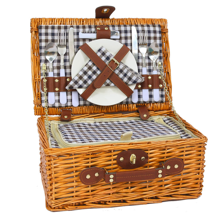 Picknickkorb Set für 2 Person mit Kühlfach, Abnehmbarer Riemen, Weinbeutel, Besteck Set, für Camping