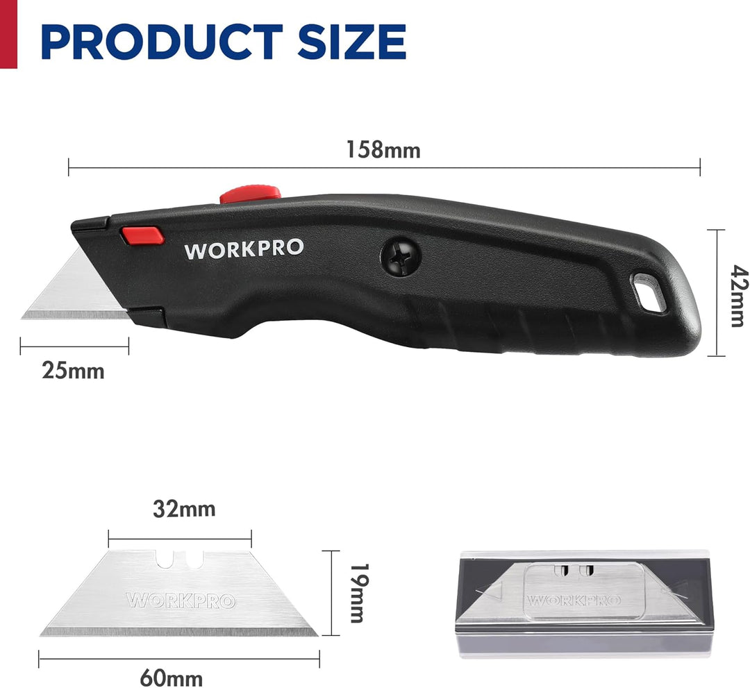 WORKPRO Premium Teppichmesser-Set, Einziehbarer Universalmesser aus Vollmetall, Strapazierfähiger Cu