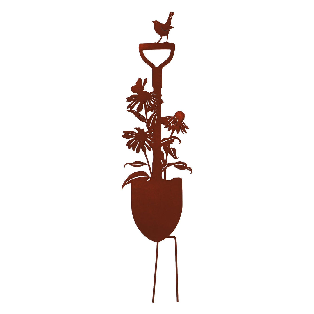 UNUS Garden Spaten mit Vogel und Blume Sonnenhut, Gartenstecker, Gartendeko Rostoptik, Roststecker a