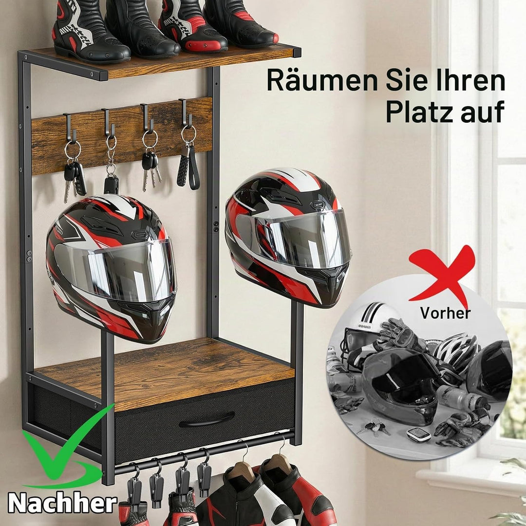 Housolution Motorradhelm Wandhalterung mit Stoffschublade, Helmhalterung mit 4 Handschuhchips und 4