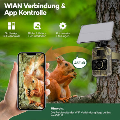 Assark Wildkamera mit Handyübertragung App, 48MP 30fps Solar WLAN Bluetooth Wildkamera mit Bewegungs